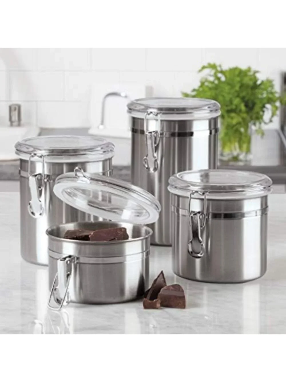 Airtight Stainless Steel Kitchen Canisters Set - Clear Lid, 4 Sizes for Food